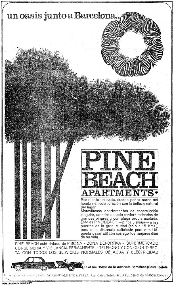 Anuncio de Pine Beach de Gav� Mar publicado en el diario La Vanguardia el 25 de Junio de 1966 donde por primera vez se informa de la existencia de un supermercado y de una zona deportiva